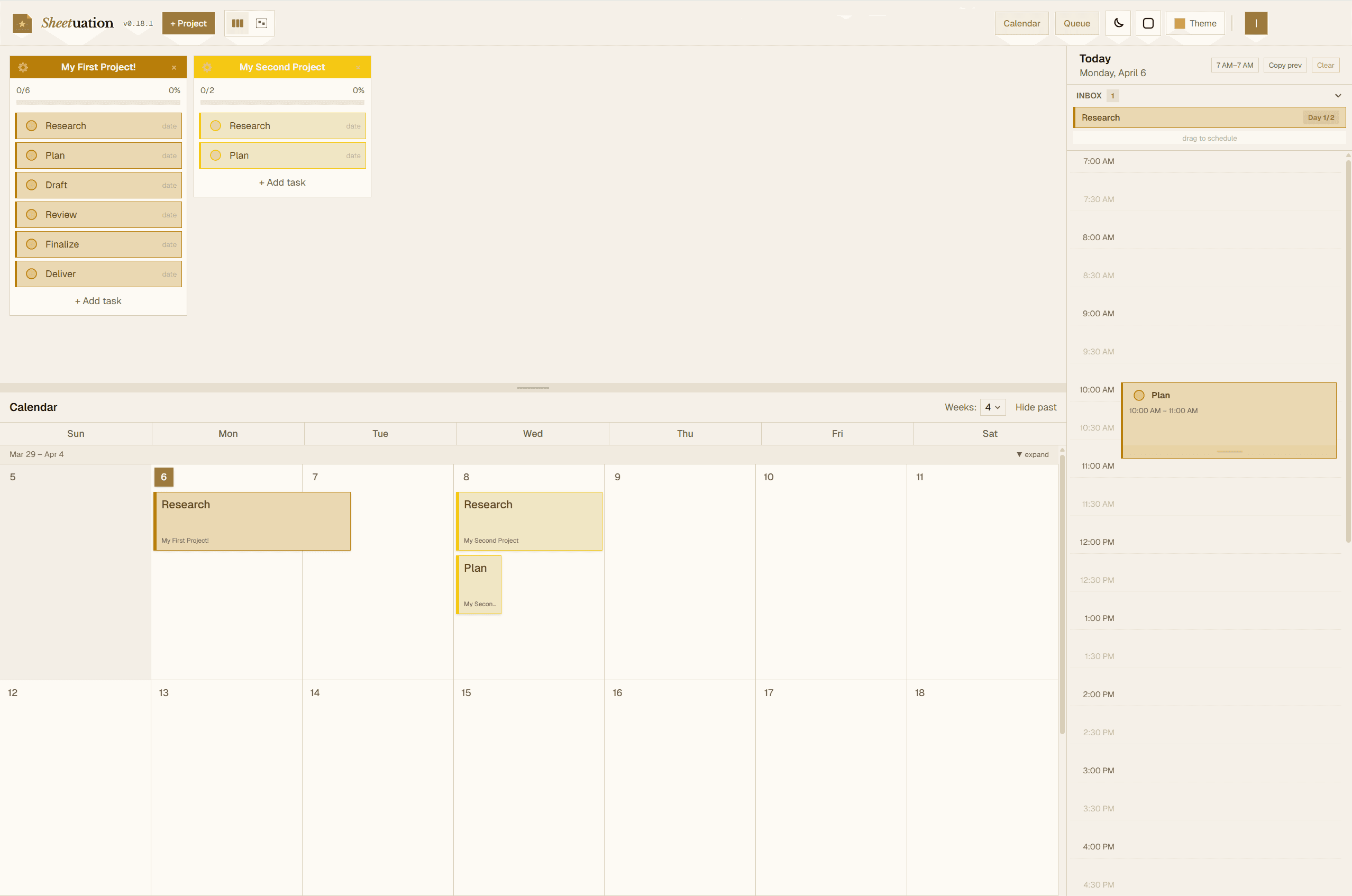Sheetuation planner — project board, weekly calendar, and daily planner